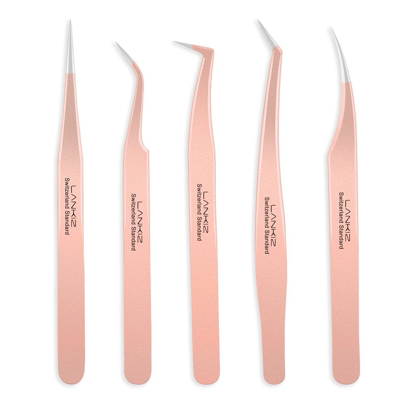 LANKIZ Eyelash Extension Tweezers Set 5 PCS for Eyelash Extensions Stainless Steel Lash Tweezers for Volume Lash ExtensionsRose Gold pinzas para pestaas pelo a pelo